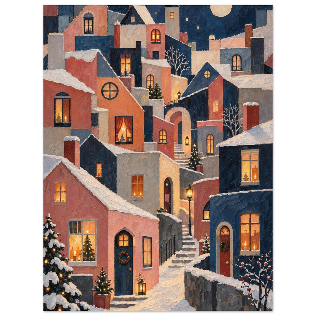 Christmas Eve in Little Windows shows stacked Nordic houses with glowing windows, geometric roofs and thick painted divisions