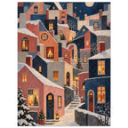 Christmas Eve in Little Windows shows stacked Nordic houses with glowing windows, geometric roofs and thick painted divisions