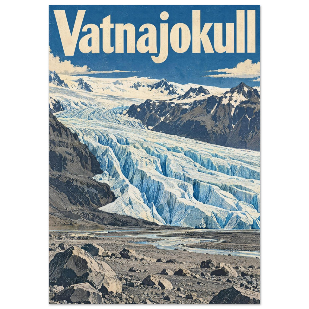 Vatnajokull glacier with blue ice, jagged mountains and a rocky foreground beneath large cream lettering in a blue sky.
