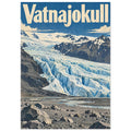 Vatnajokull glacier with blue ice, jagged mountains and a rocky foreground beneath large cream lettering in a blue sky.