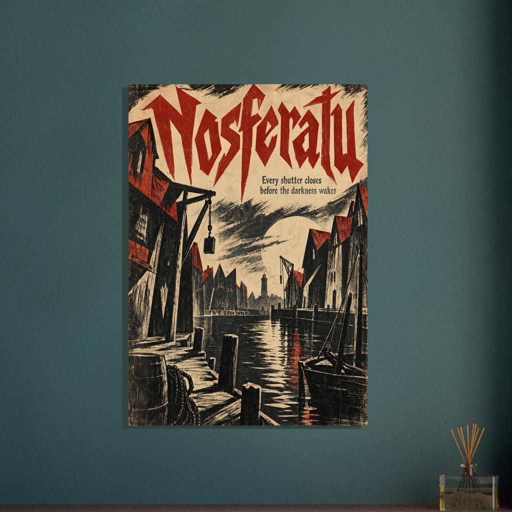 Nosferatu poster with jagged red lettering above a dark waterfront, steep-roofed buildings, a boat and a pale moon.