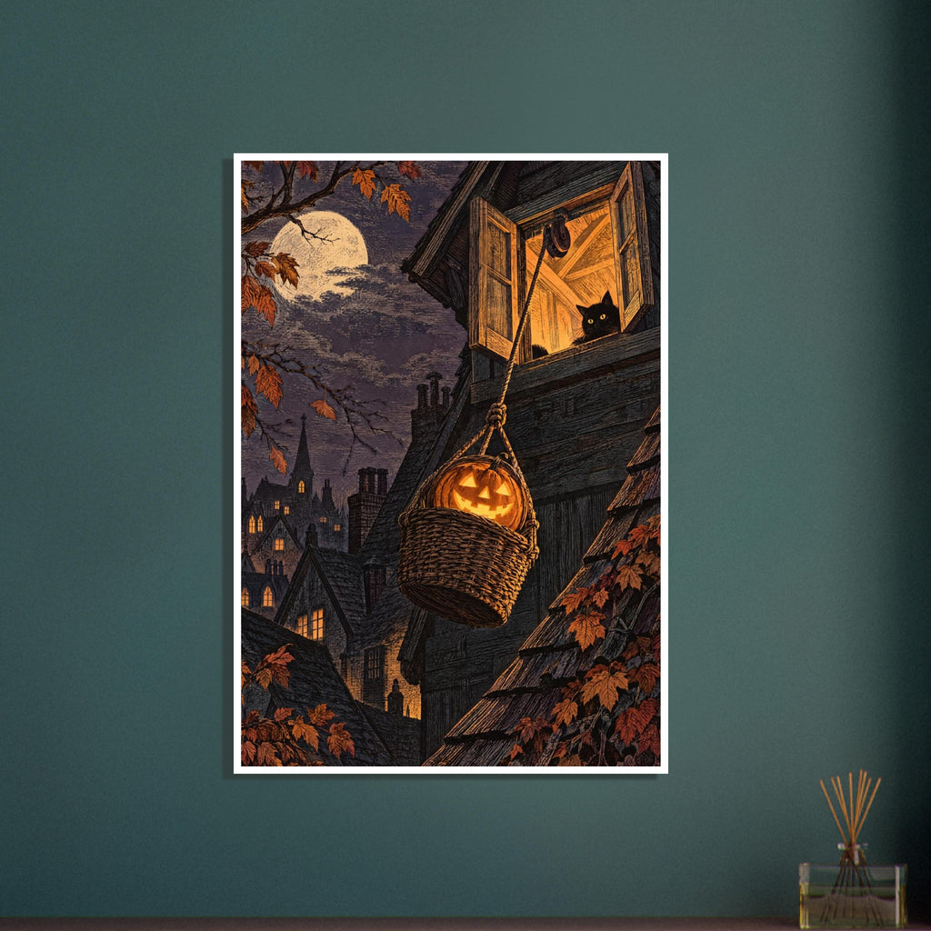 Glowing pumpkin in a hanging basket below a black cat at an attic window, with moonlit rooftops and autumn leaves.