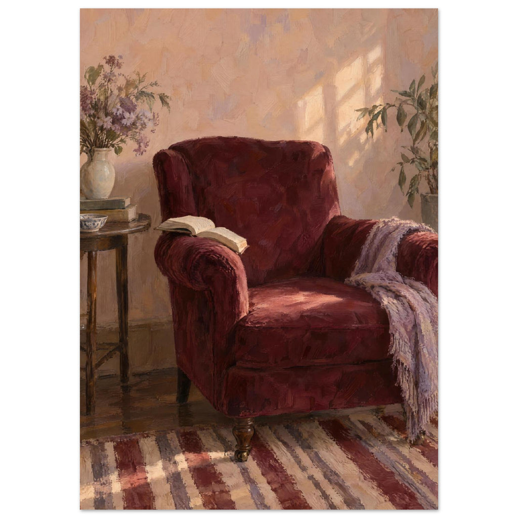 The Reading Chair painting showing a burgundy armchair with an open book, a cropped striped rug and afternoon light.