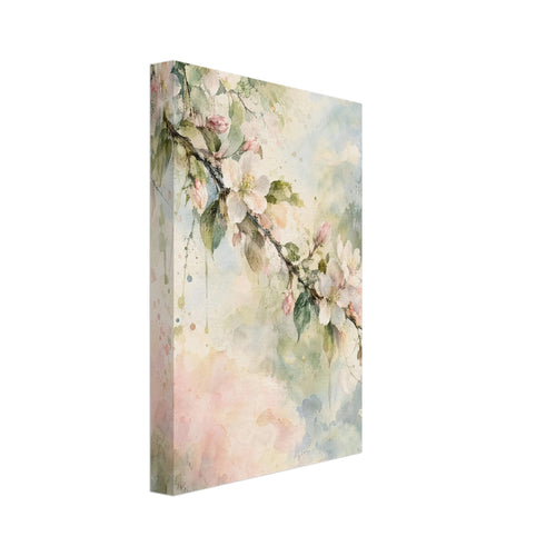 Flowering branch with pale pink and white blossom and green leaves against soft cream, blue and pink watercolour washes.