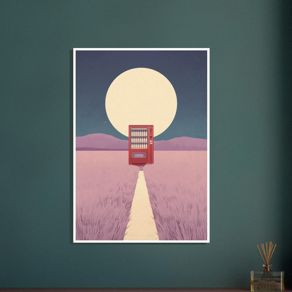 Red vending machine in a pink grassy field, with a cream path, mauve hills and an oversized pale moon against blue sky.
