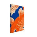 Orange fish curving across a deep blue background, with cream fins, patterned scales and a distressed texture.
