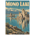 Mono Lake poster with cream lettering, rock towers reflected in teal water, distant mountains and a rocky foreground.