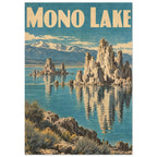Mono Lake poster with cream lettering, rock towers reflected in teal water, distant mountains and a rocky foreground.