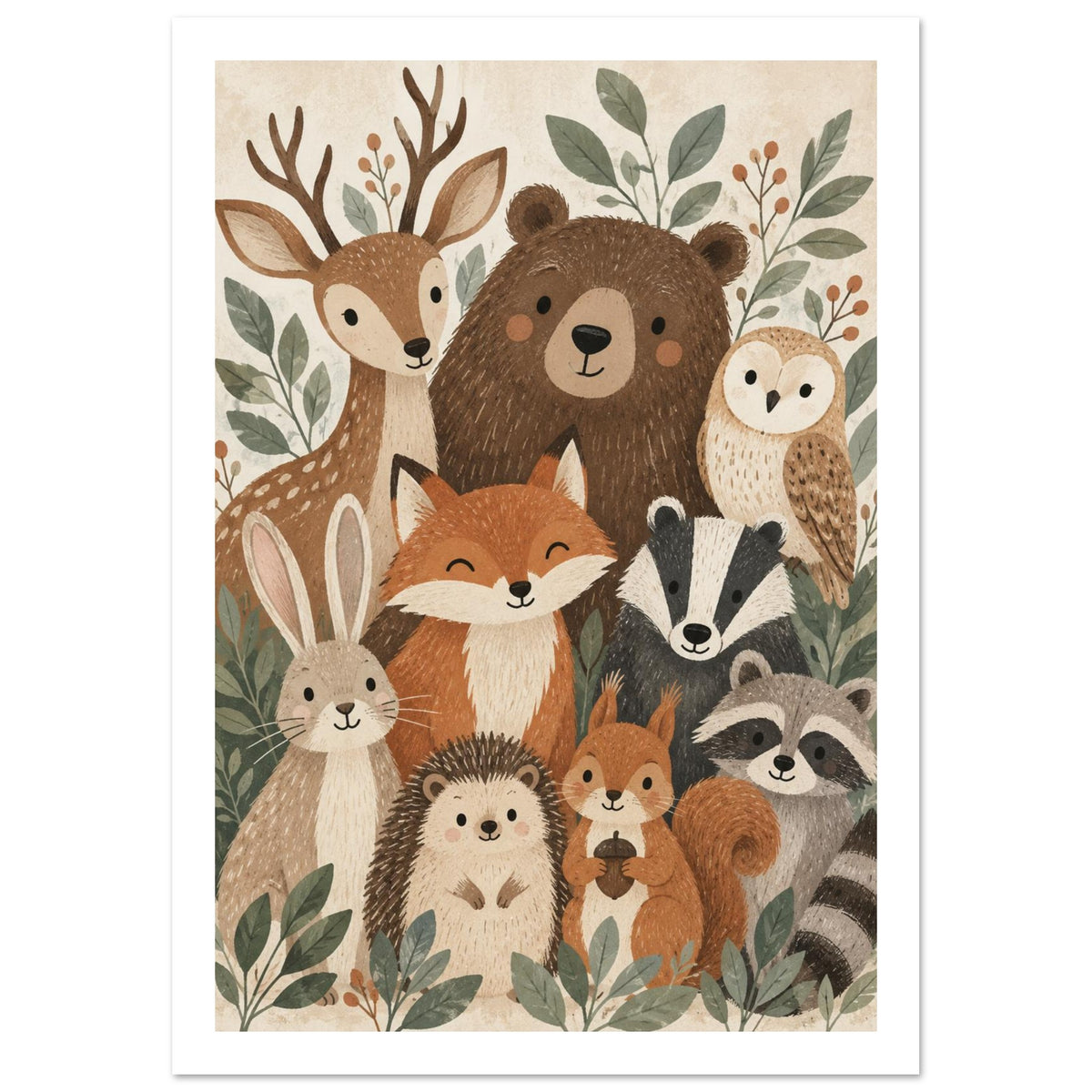 Woodland Animals Earthy Nursery Art Print – White Border