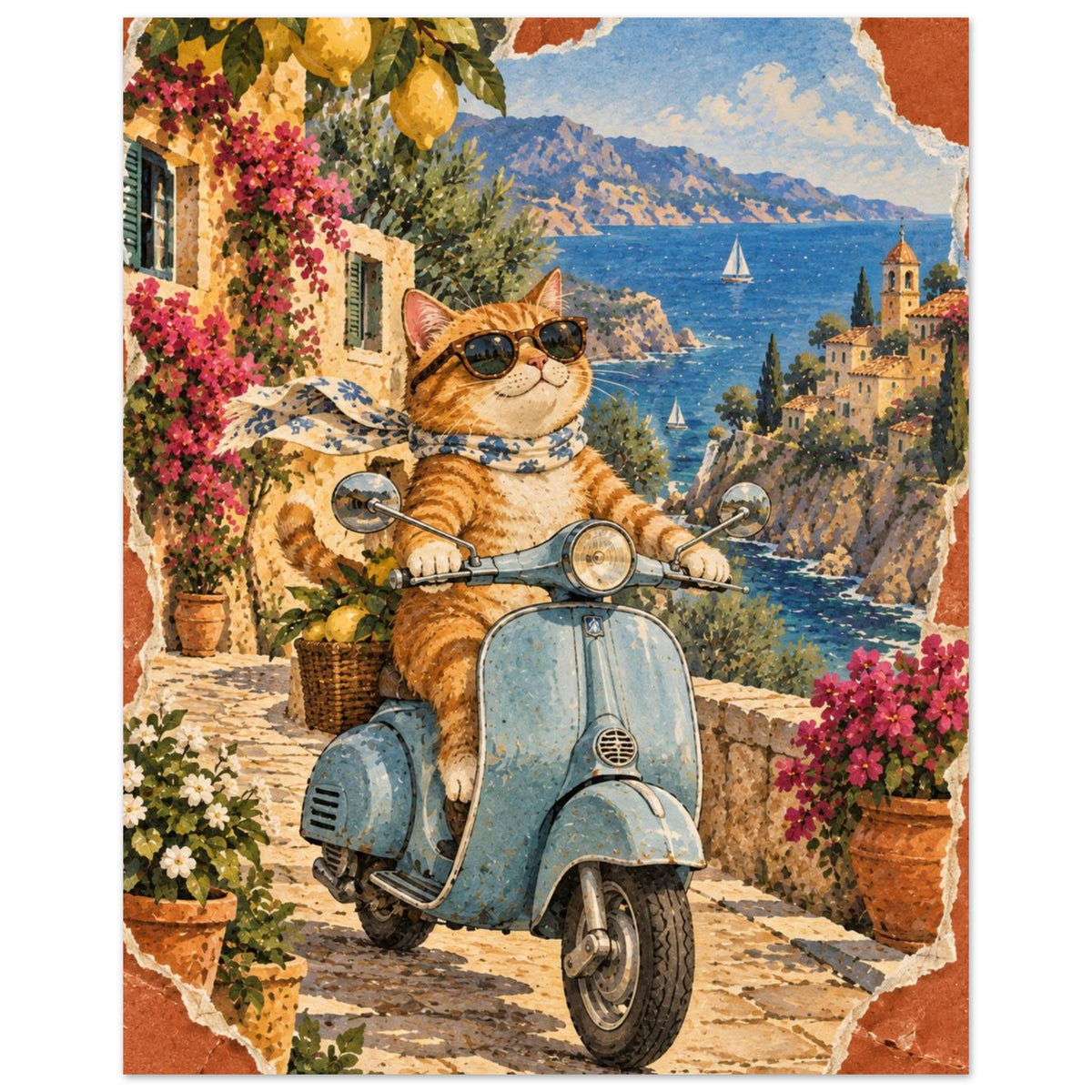 Ginger cat in sunglasses and a scarf on a blue scooter, with lemons, flowers, coastal buildings and sailboats behind.