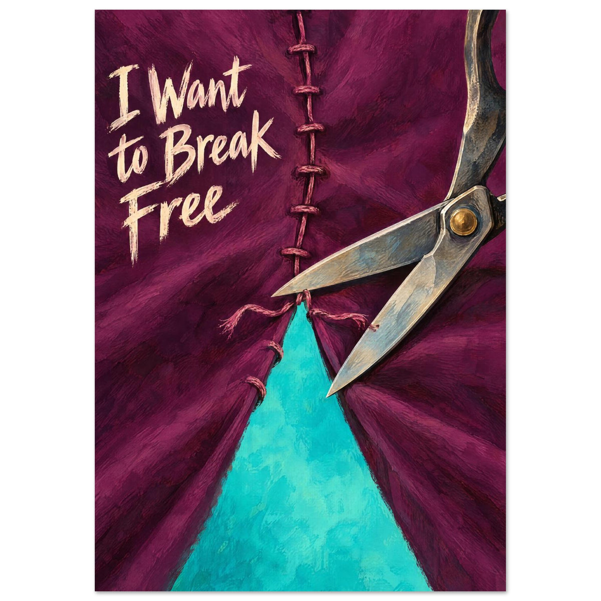 Scissors cutting a stitched burgundy seam to reveal turquoise, beside cream lettering reading “I Want to Break Free”.
