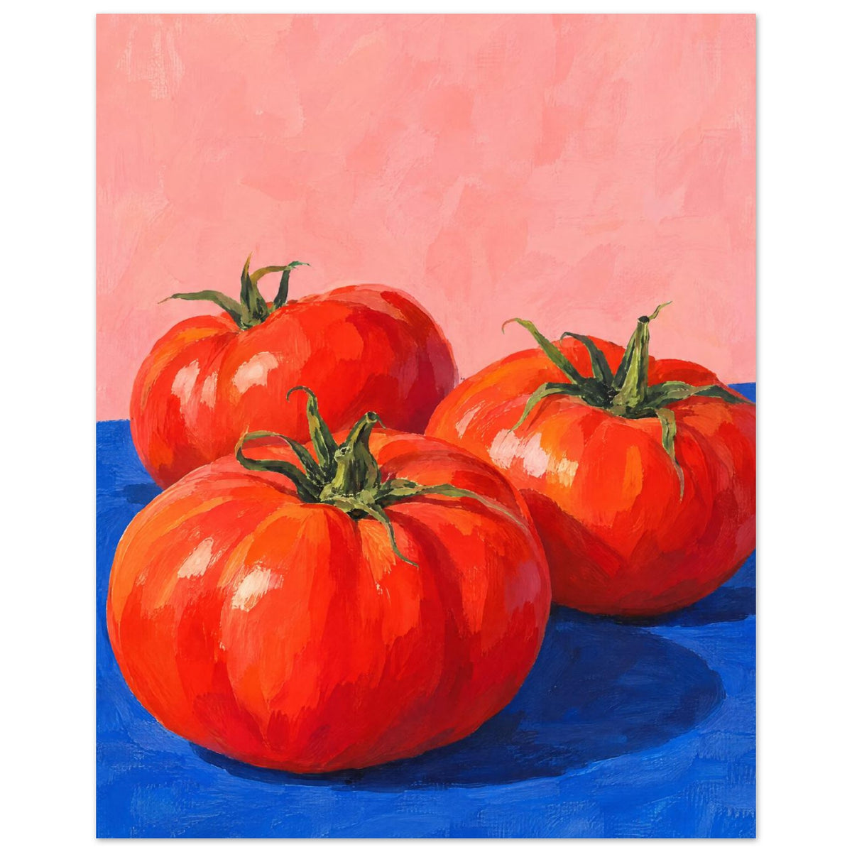 Three red tomatoes with green stems on a vivid blue surface against a pink background, painted with broad brushstrokes.