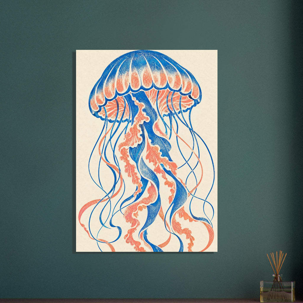 Jellyfish with a blue and coral scalloped bell and long curling tentacles on a textured cream background.