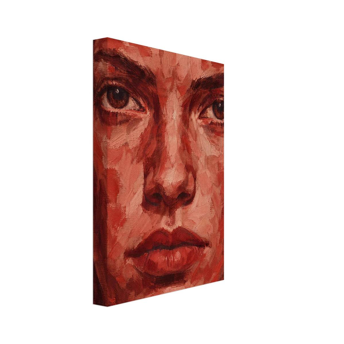 Close-up painted face with a direct gaze, rendered in red, peach and burgundy with broad, textured brushstrokes.