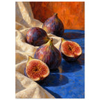 Three whole purple figs and two cut halves on cream fabric and a blue surface, with an orange background and textured brushwo