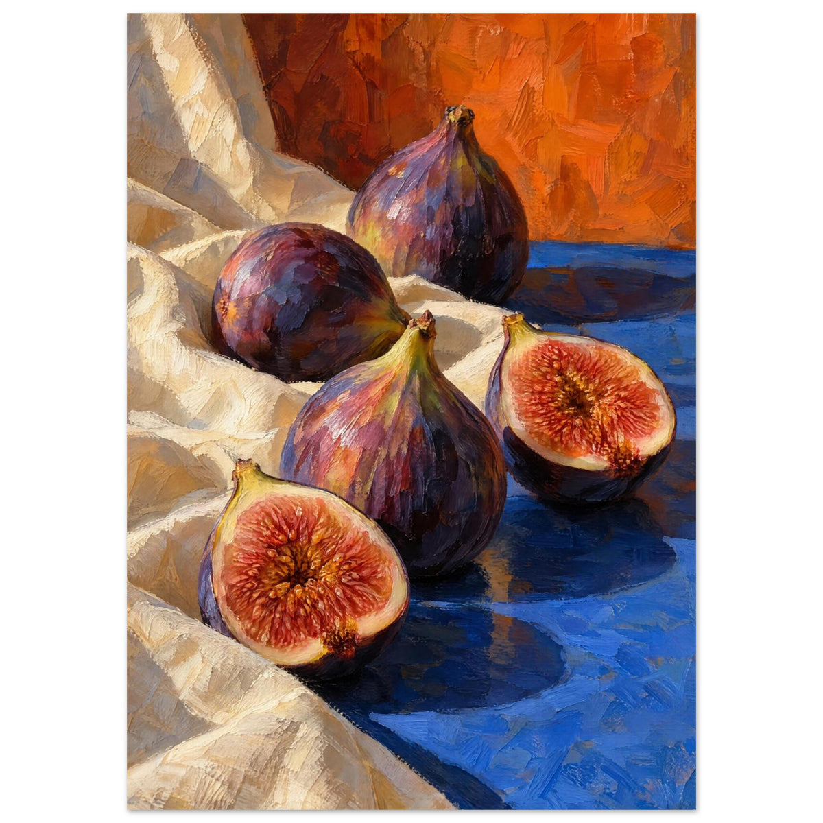 Three whole purple figs and two cut halves on cream fabric and a blue surface, with an orange background and textured brushwo