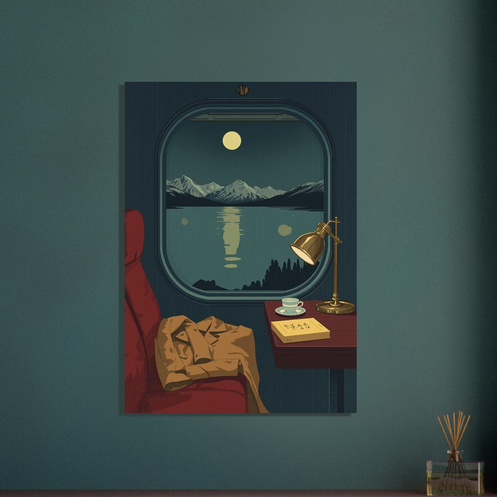 Train window overlooking moonlit mountains and a lake, beside a red seat with a coat and a table with lamp, cup and book.