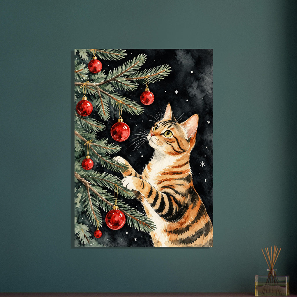 Striped orange cat reaching into evergreen branches with red Christmas baubles against a dark background with snowflakes.