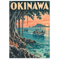 Okinawa lettering above a coastal tree, boats on turquoise water, rocky shallows and a low sun behind distant islands.