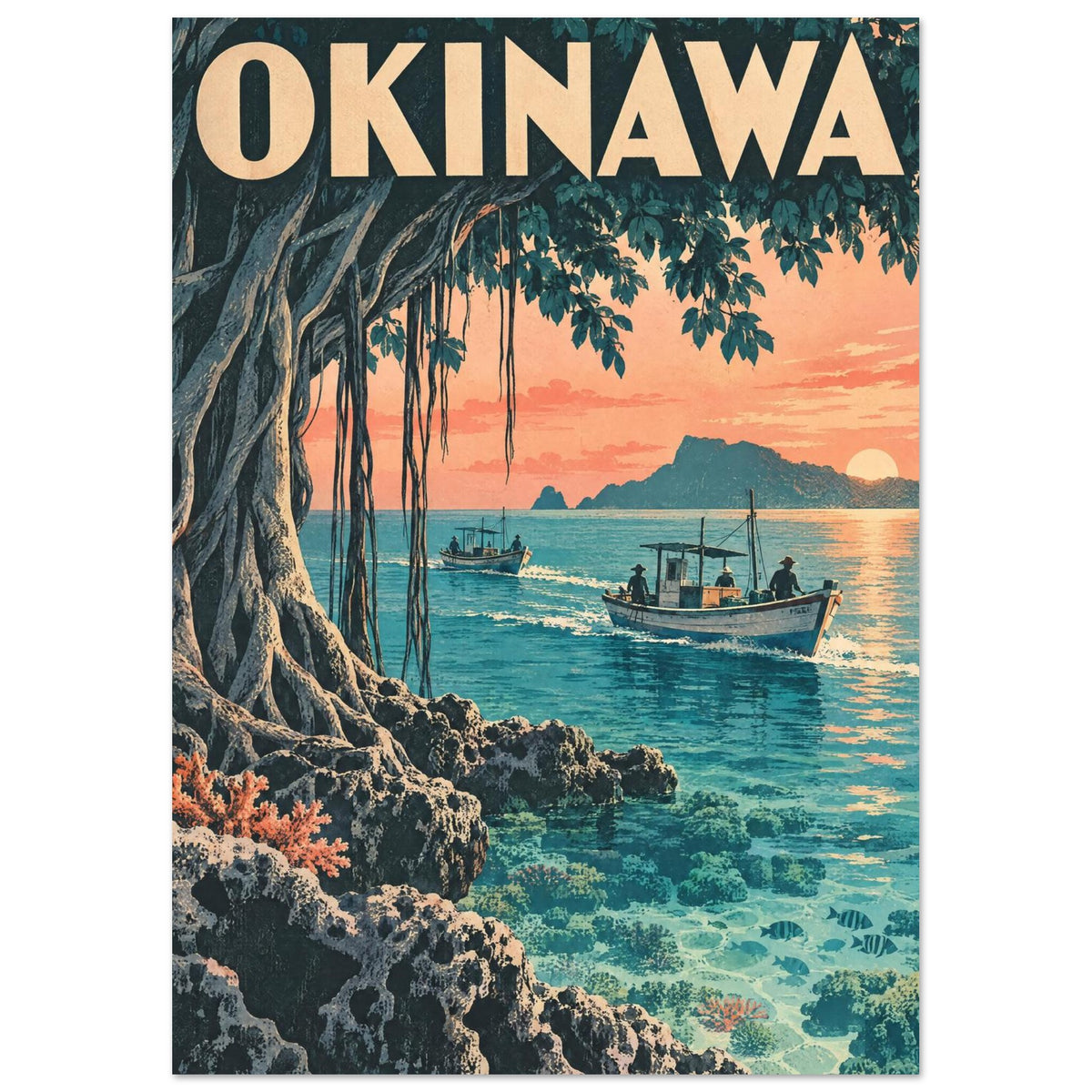 Okinawa lettering above a coastal tree, boats on turquoise water, rocky shallows and a low sun behind distant islands.