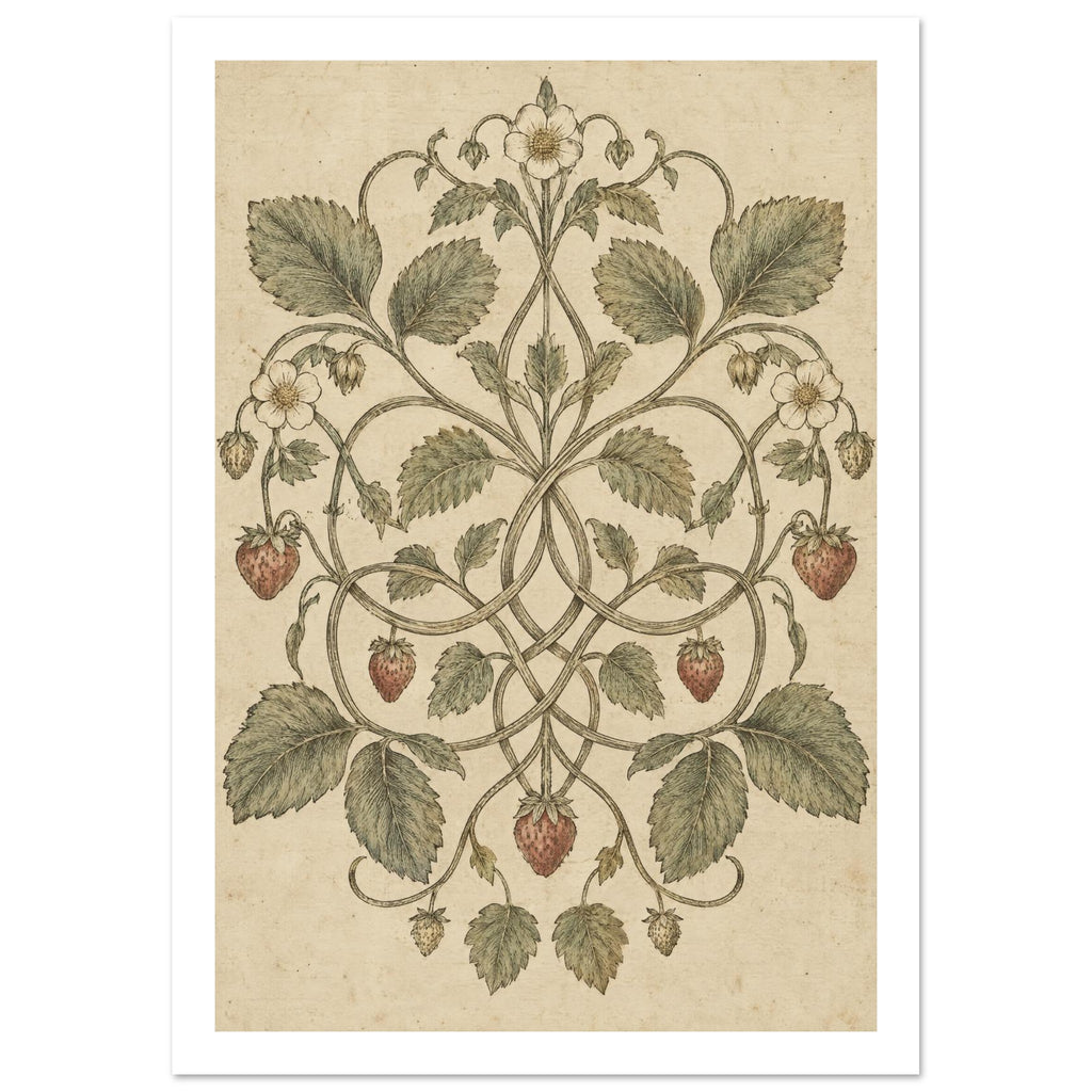 Intertwining strawberry vines with green leaves, pale flowers and muted red berries on a mottled cream background.