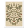 Intertwining strawberry vines with green leaves, pale flowers and muted red berries on a mottled cream background.