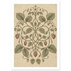 Intertwining strawberry vines with green leaves, pale flowers and muted red berries on a mottled cream background.