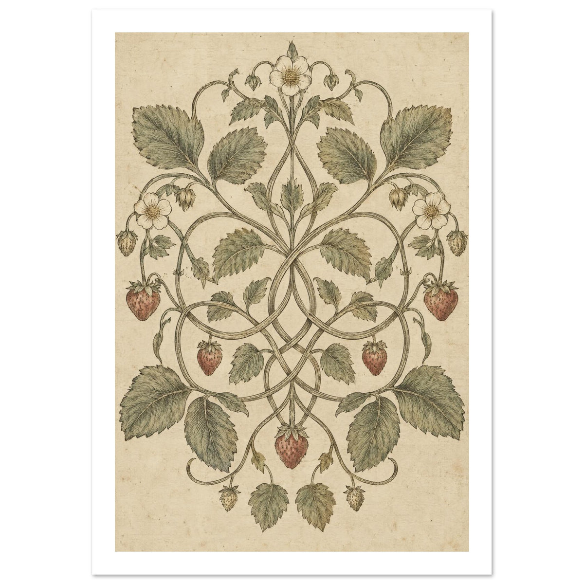 Intertwining strawberry vines with green leaves, pale flowers and muted red berries on a mottled cream background.