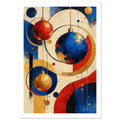 Red, blue and golden baubles hanging among sweeping circles, coloured dots and textured geometric shapes on cream.