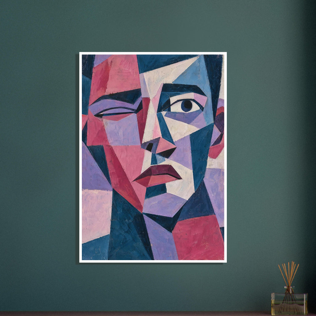 Angular geometric face in pink, deep blue, lilac and cream, with one open eye, one narrowed eye and textured brushwork.