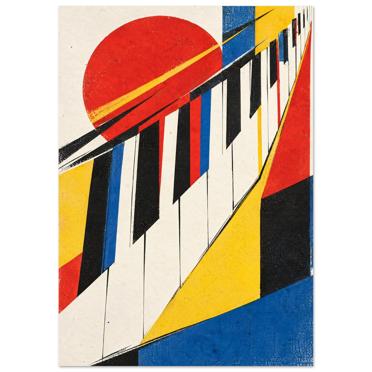 Piano keys sweep diagonally through red, yellow and blue geometric shapes, with a red circle and distressed cream background.