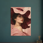 The Scalloped Hat portrays a woman beneath a broad blush hat with an undulating brim and a soft shadow across her eyes.