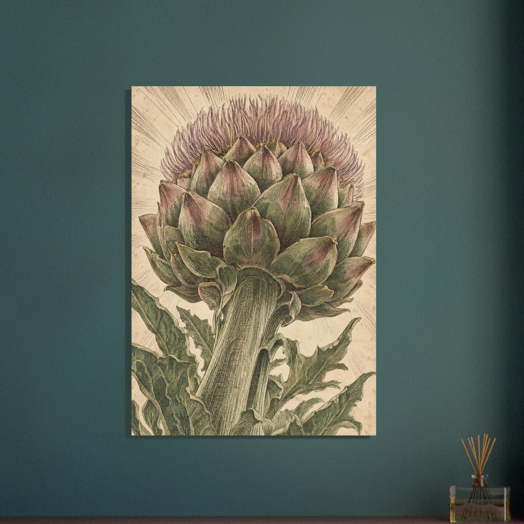 Flowering artichoke with green bracts, purple florets and jagged leaves on a textured beige background.