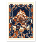 Four gloved and mittened hands held towards a bonfire, in navy, rust and cream with an interlocking geometric border.