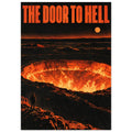 Fiery orange crater in a black rocky landscape, with a lone figure at the rim and bold text reading “The Door to Hell”.