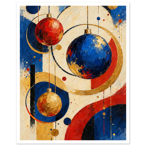 Red, blue and golden baubles hanging among sweeping circles, coloured dots and textured geometric shapes on cream.