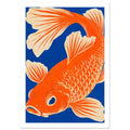 Orange fish curving across a deep blue background, with cream fins, patterned scales and a distressed texture.