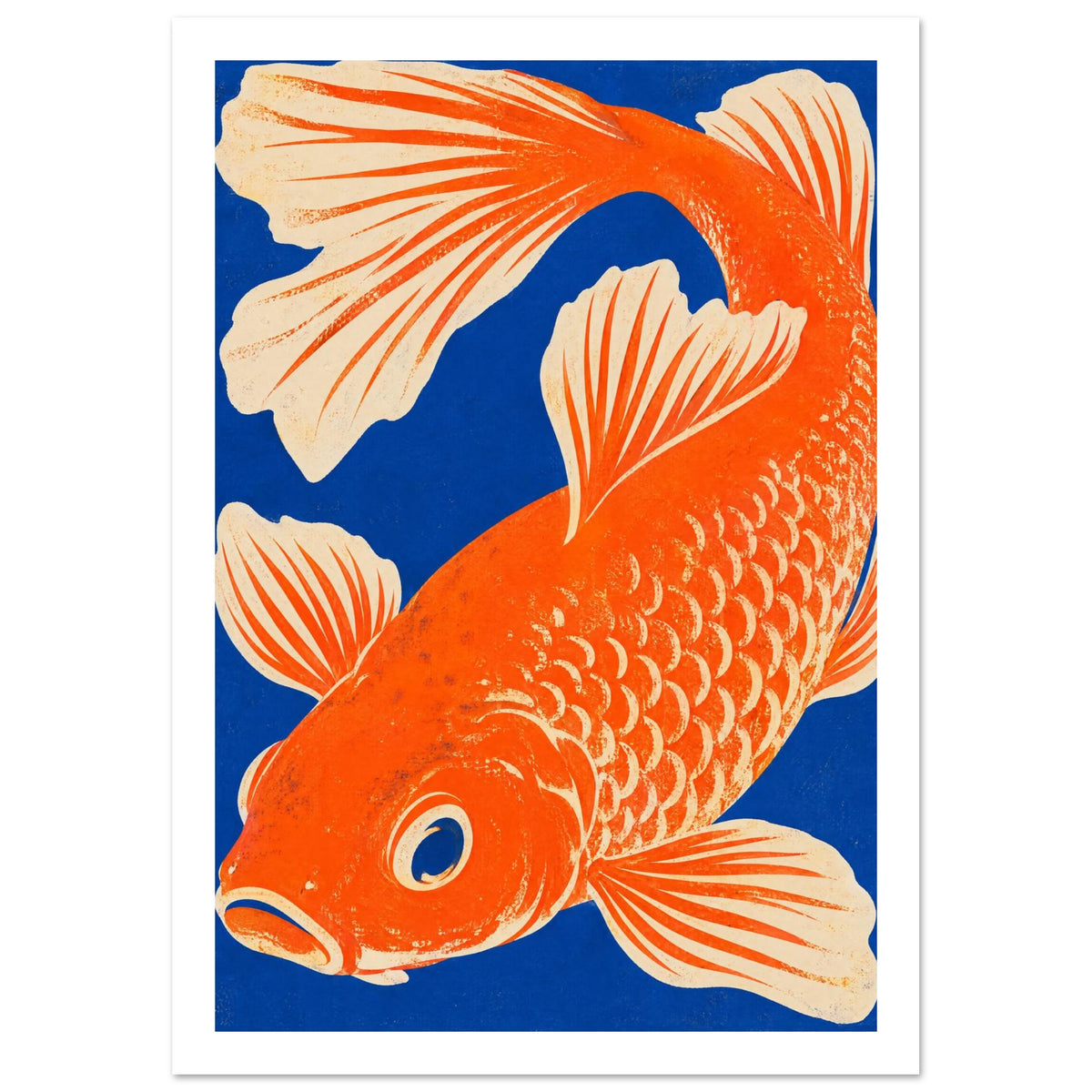 Orange fish curving across a deep blue background, with cream fins, patterned scales and a distressed texture.
