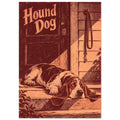 Long-eared hound resting on wooden porch steps beneath ‘Hound Dog’ lettering, illustrated in peach and burgundy.