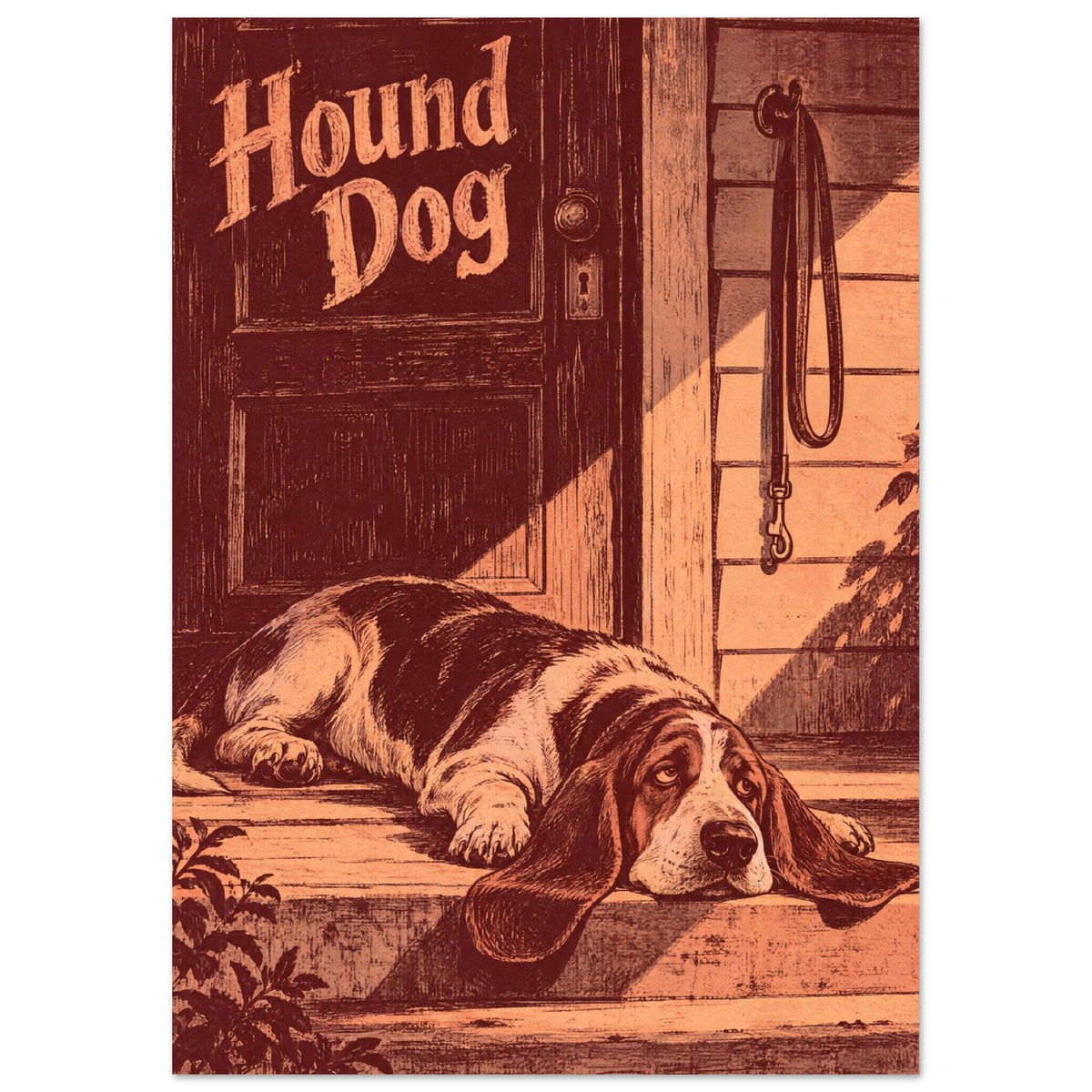 Long-eared hound resting on wooden porch steps beneath ‘Hound Dog’ lettering, illustrated in peach and burgundy.