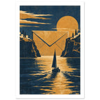 Sailboat on golden water between dark cliffs, with a giant envelope, large sun and small hillside buildings.