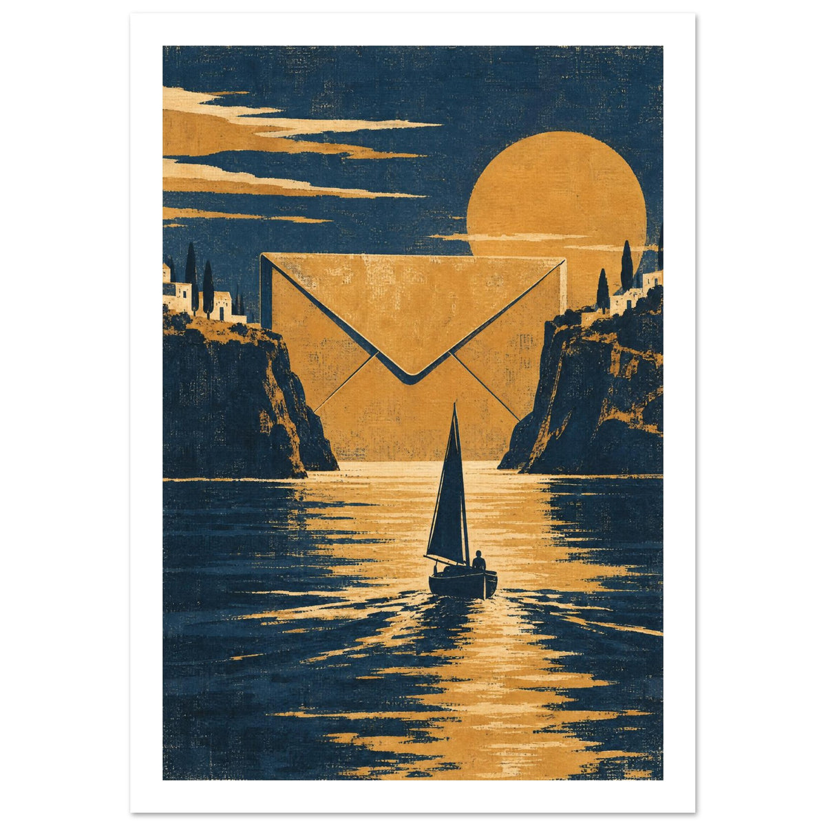 Sailboat on golden water between dark cliffs, with a giant envelope, large sun and small hillside buildings.
