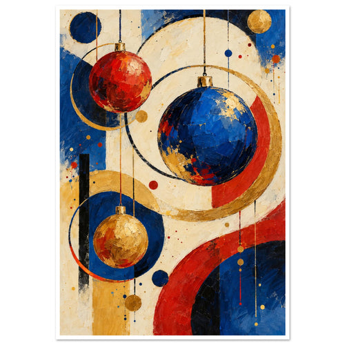 Red, blue and golden baubles hanging among sweeping circles, coloured dots and textured geometric shapes on cream.