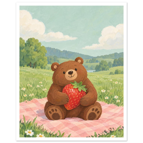 Brown bear holding a large strawberry on a pink checked picnic blanket in a green meadow with daisies and cream clouds.