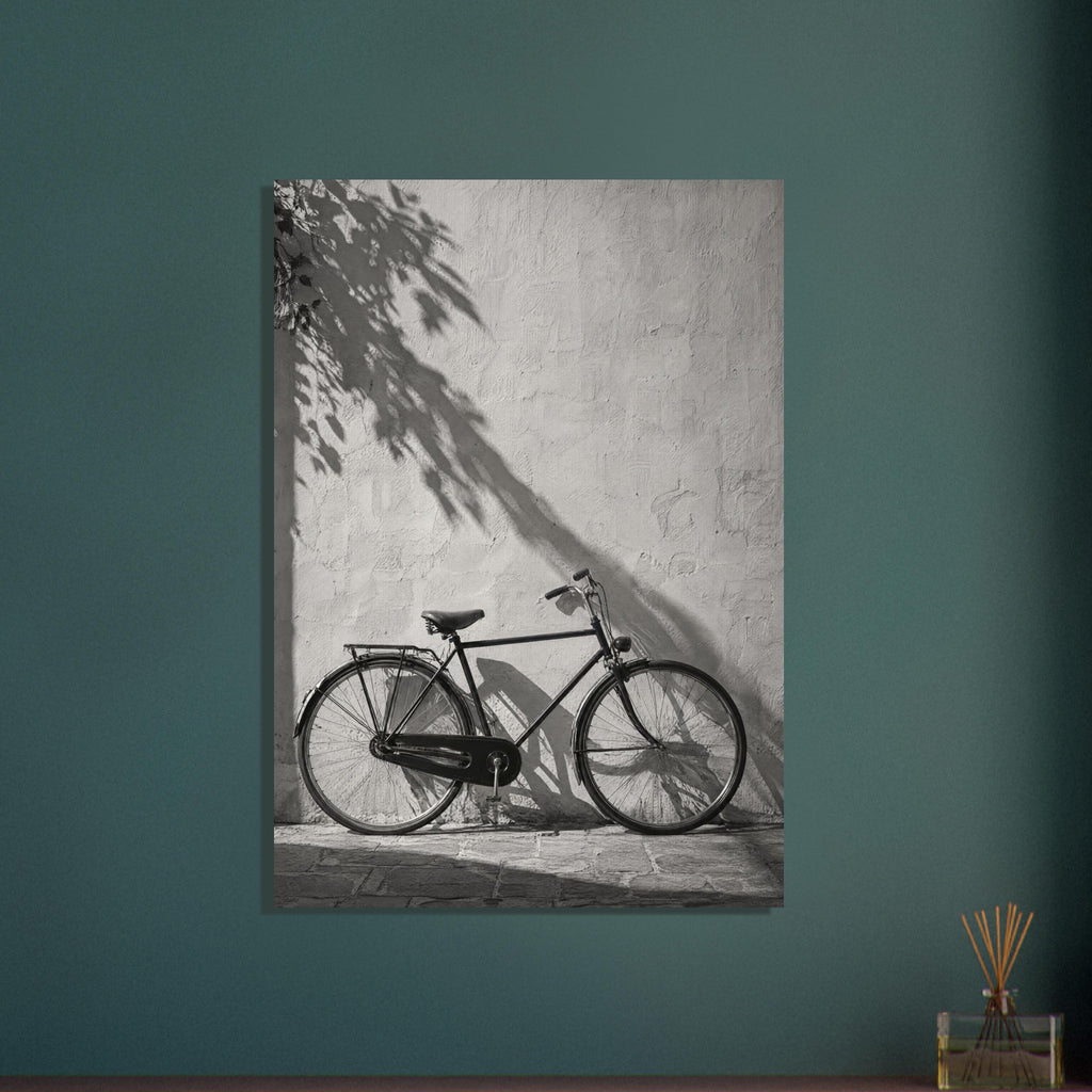 Bicycle leaning against a textured wall with long leafy shadows above and stone paving below, in black and white.