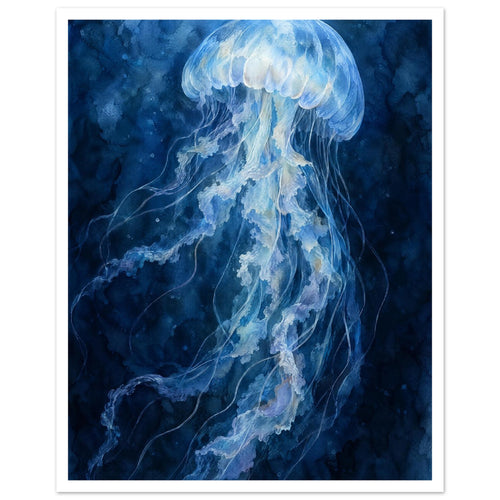Pale blue jellyfish with a translucent bell and long, rippling tentacles against a deep blue watercolour background.