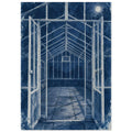 Greenhouse with open double doors, pale framework and tiled floor in deep blue, with a full moon and distressed edges.