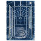 Greenhouse with open double doors, pale framework and tiled floor in deep blue, with a full moon and distressed edges.
