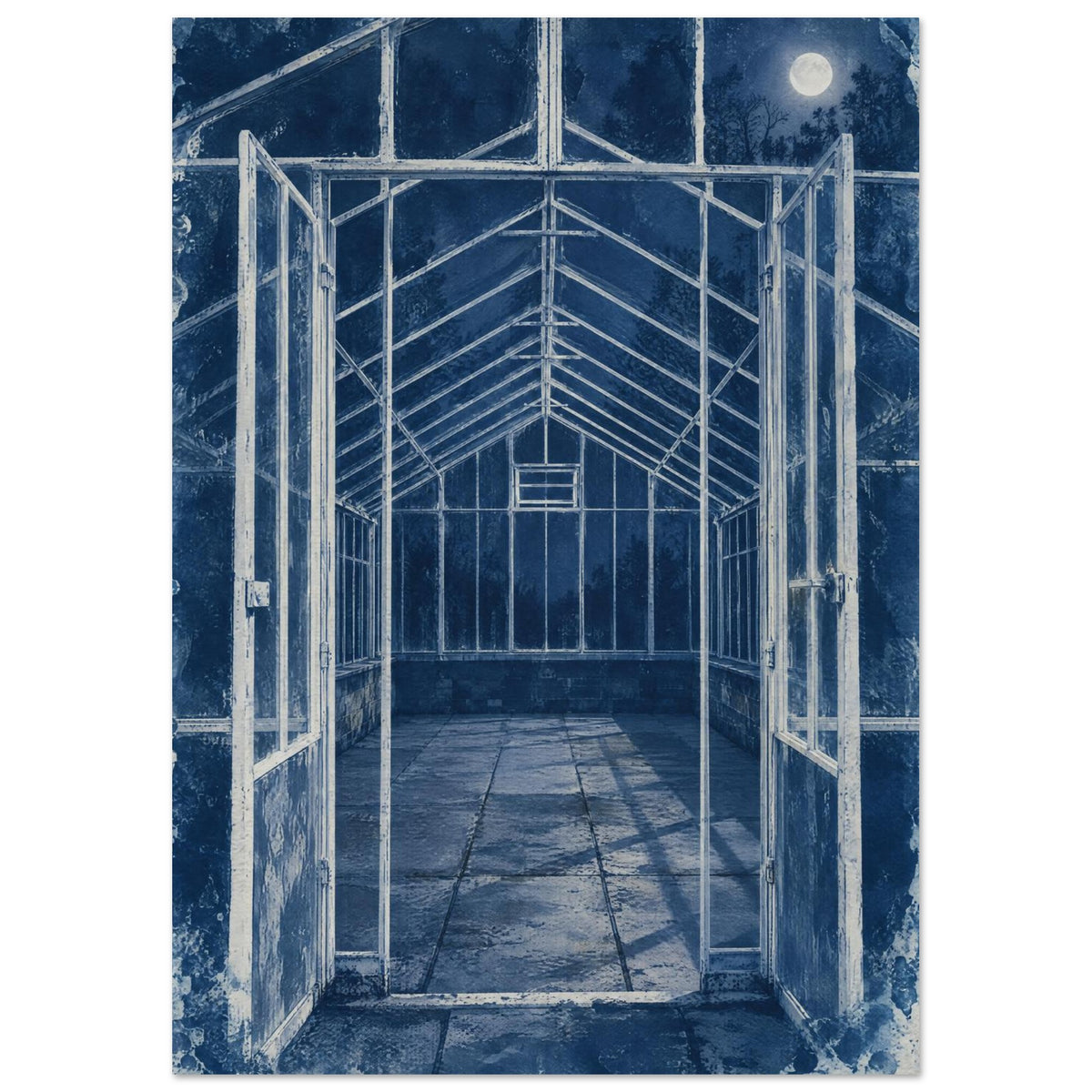 Greenhouse with open double doors, pale framework and tiled floor in deep blue, with a full moon and distressed edges.