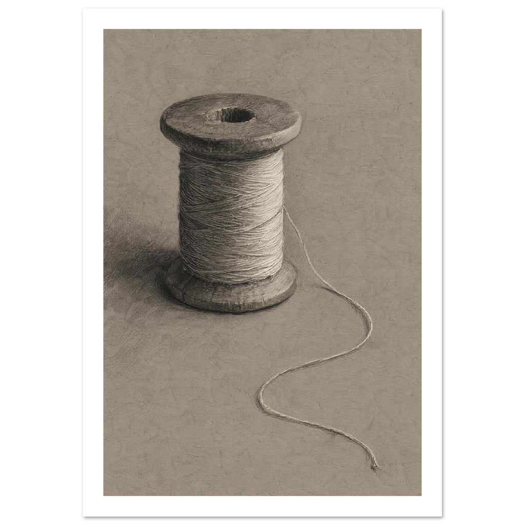 Wooden spool wrapped in pale thread, with a loose strand curling across a textured taupe background.